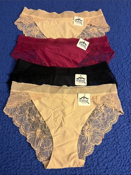 Eterna Other - Eterna Lace-Trim Bikini Panties in Beige, Maroon & Black - 4-Pack